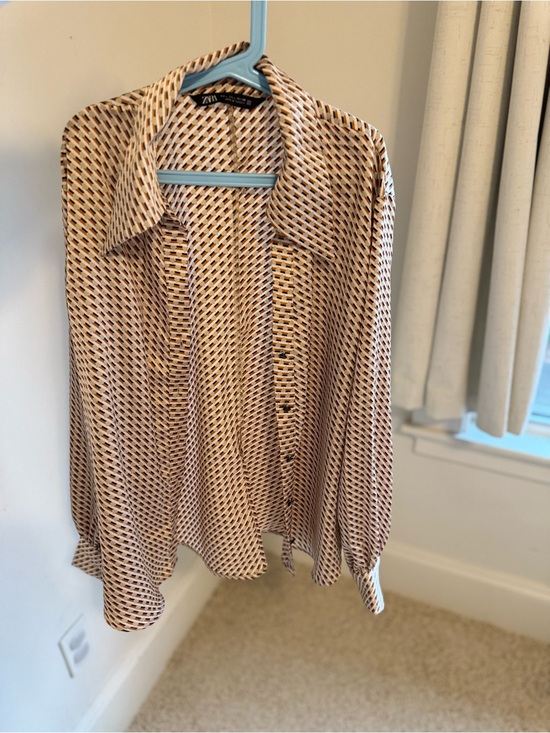 Zara Tops - Zara Cream and Brown Geometric Button-Up Blouse